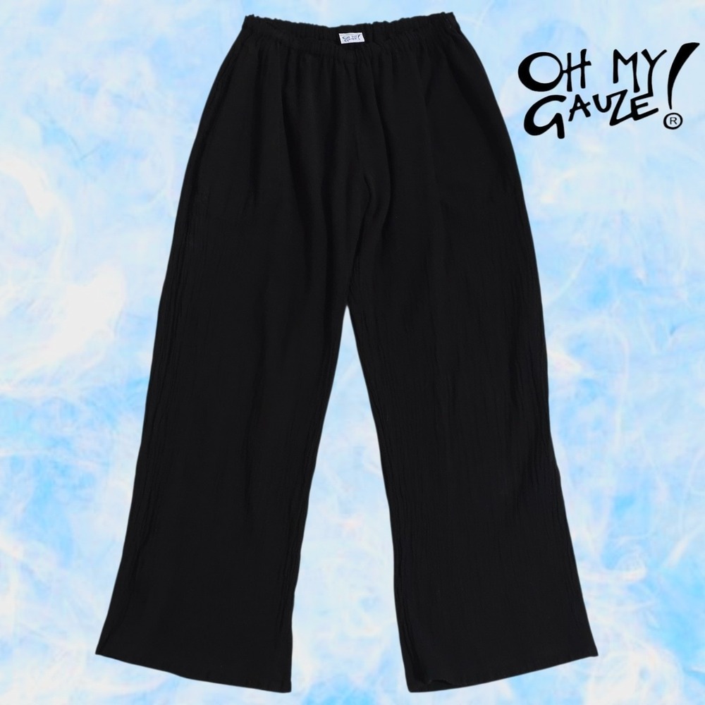 Oh My Gauze Womens Cotton Crinkle Elastic Waist Wide Leg Pants Black 2 L/XL